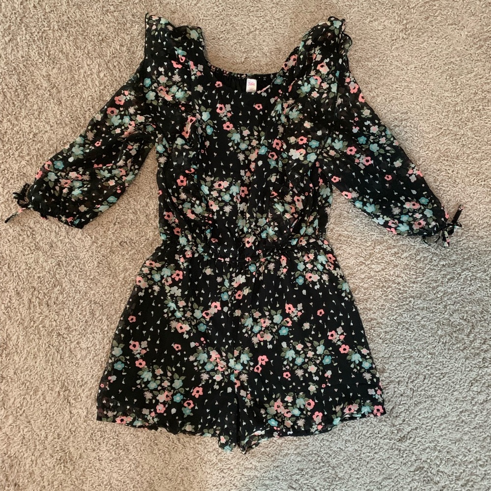 Justice Black Floral 3/4 Sleeve Short Romper 14